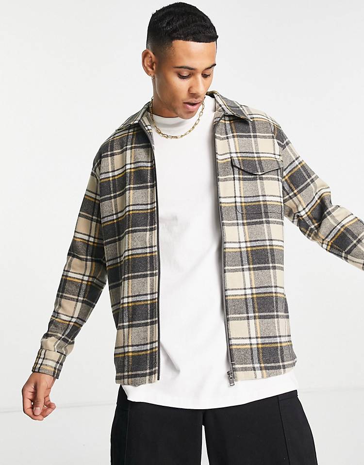 Selected Homme zip overshirt check jacket in beige